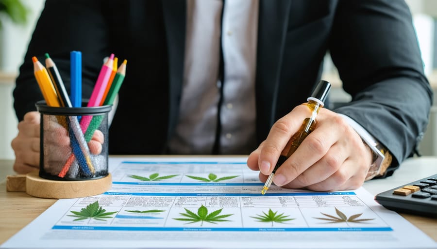 Business professional reviewing workplace CBD policy documentation at desk