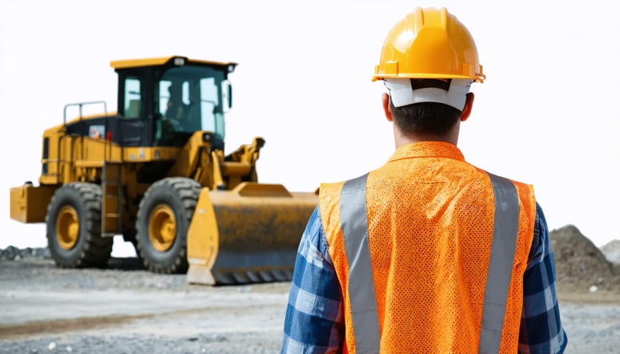 Industrial worker standing beside workplace safety notice board with CBD usage guidelines