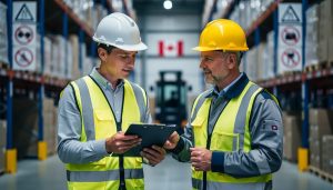 Safety manager in high-visibility vest and white hard hat reviewing a clipboard with a warehouse supervisor in yellow hard hat, with blurred warehouse aisles, forklift, and a small Canadian flag in the background.