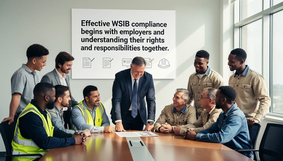 Employer and employees discussing workplace safety documentation in office meeting