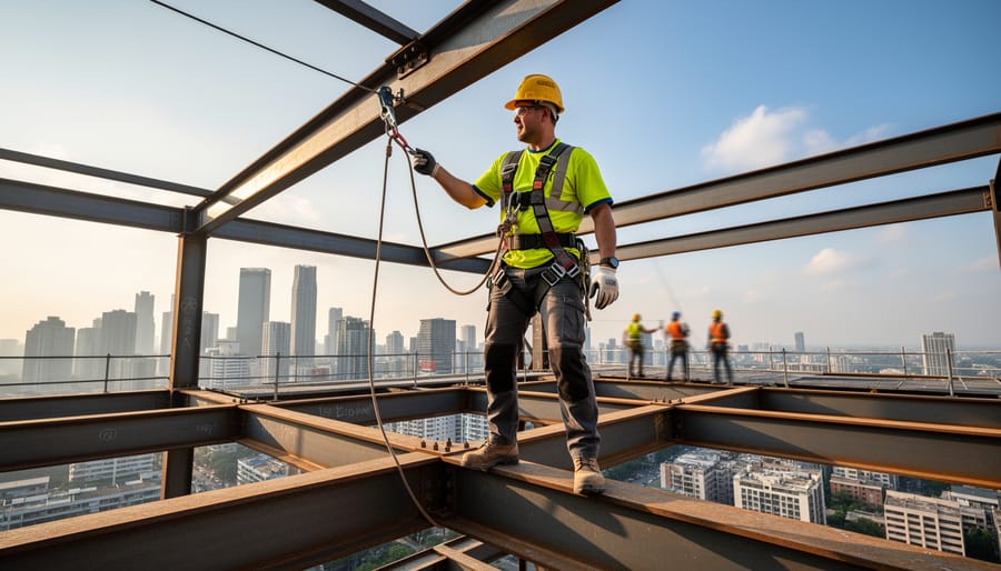 Construction worker wearing a safety harness and lanyard while working on a steel frame at height.