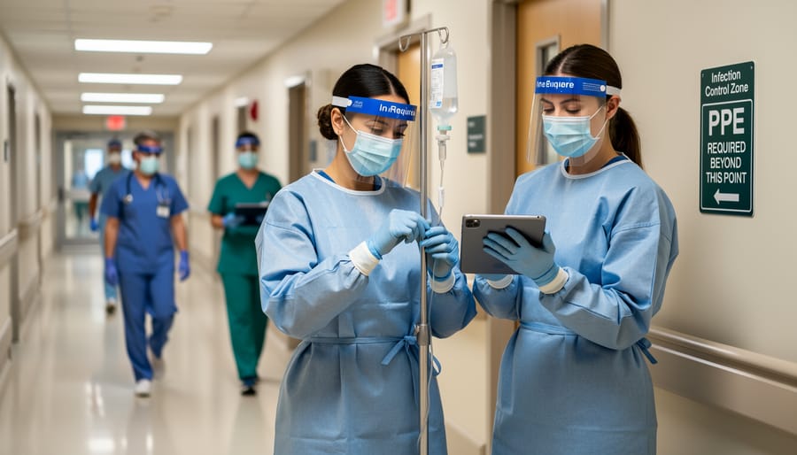 Healthcare worker wearing mask and gloves assisting a patient in an emergency department bay.