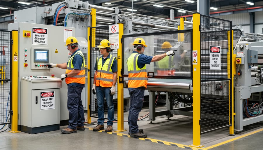 Worker’s hands positioned behind a transparent safety barrier at an industrial machine in a manufacturing setting.