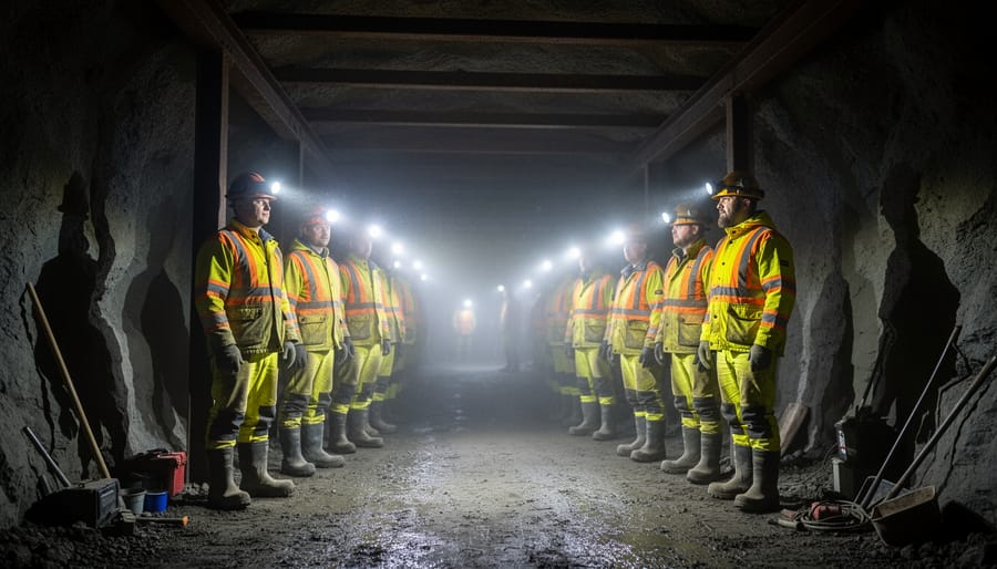 Mine worker wearing a helmet and reflective safety gear inside an underground tunnel with headlamp lighting.