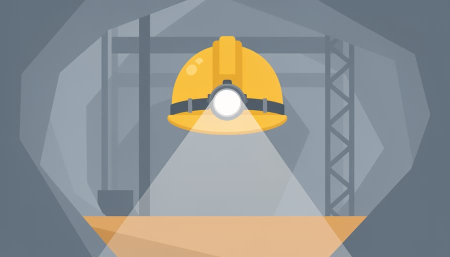 Close-up of a mine safety helmet on rocky ground with a headlamp beam in dusty air