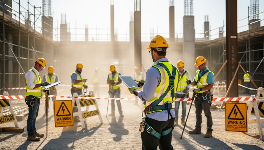 Construction workers wearing hard hats and high-visibility safety vests securing scaffolding on a job site