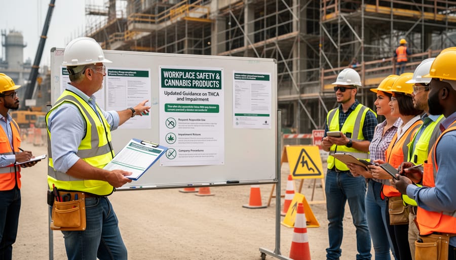 Employer in a safety vest reviewing workplace precautions at an industrial worksite