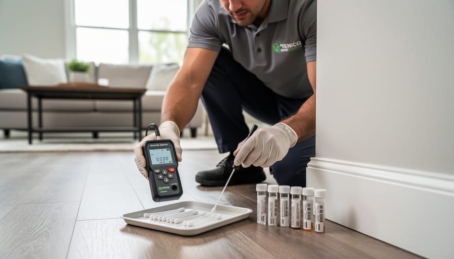 Gloved hands holding a sampling swab and air-quality meter next to a clipboard indoors.