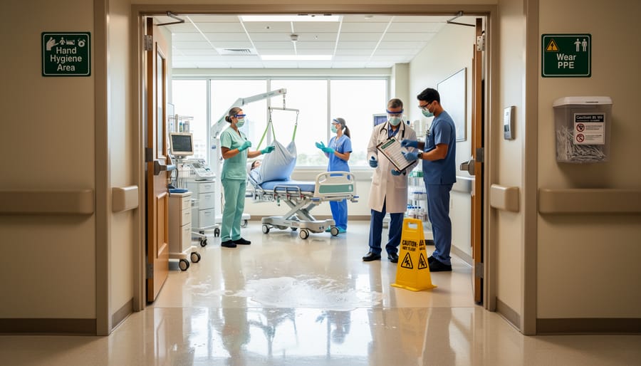 Healthcare worker disinfecting a hospital room area while wearing face shield and protective equipment