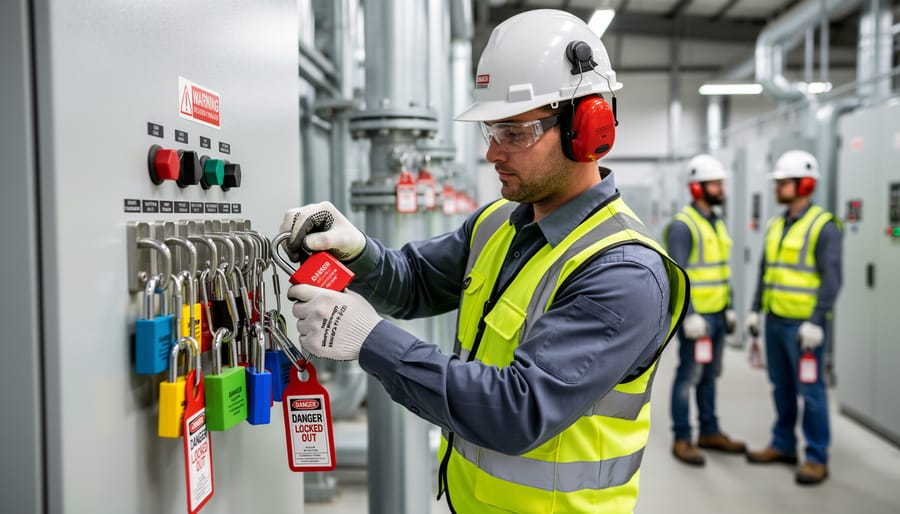 Lockout/tagout device on an industrial control panel with safety gloves near a clipboard in a manufacturing setting