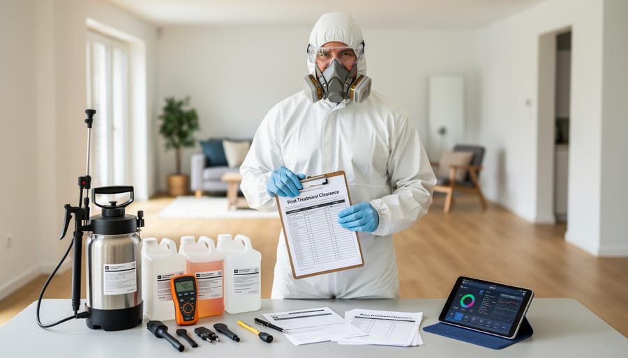 Pest control technician wearing respirator and gloves holding a clipboard near a residential entrance.