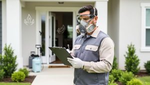 Pest control technician in protective gear holding a clipboard for a property safety clearance inspection at a house entrance.