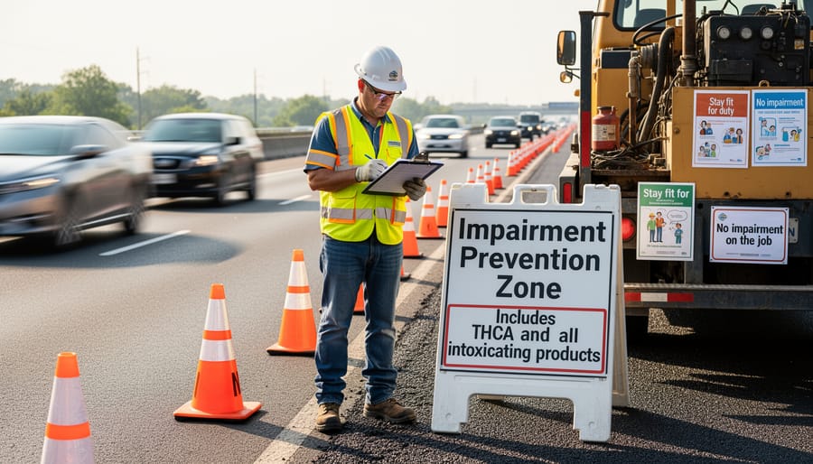 Road maintenance worker with cones and clipboard near a work truck