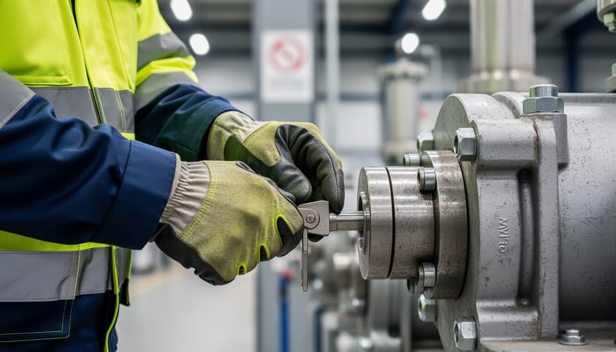 Worker securing equipment with lockout device in an industrial setting