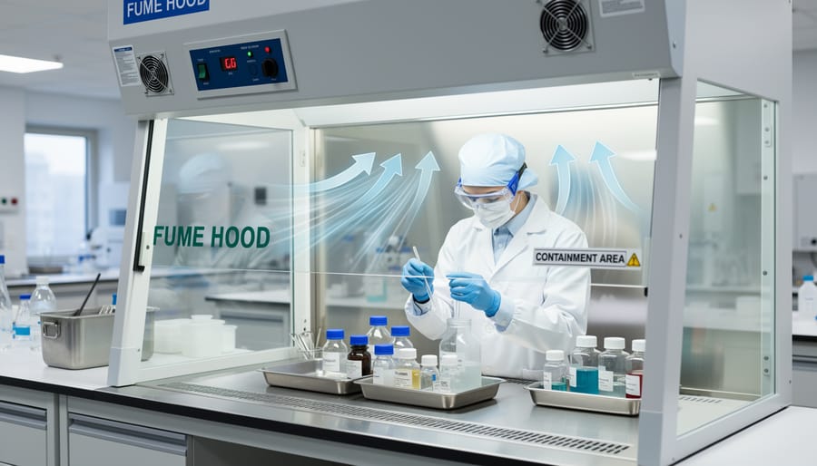 Fume hood and biological safety cabinet in a laboratory environment