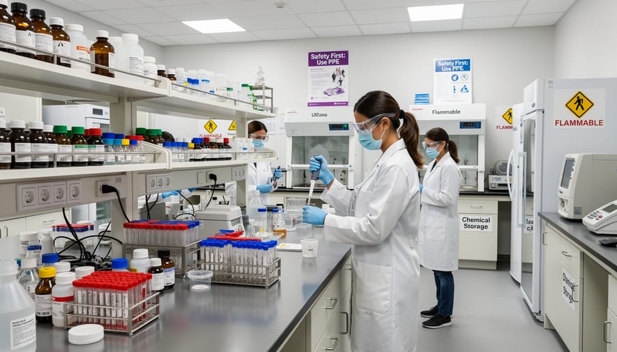 Gloved hands placing sealed research vials into a metal rack in a modern laboratory workspace