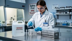 A laboratory technician wearing gloves and goggles carefully handling reagent vials in a clean research lab near secure storage racks and safety equipment.