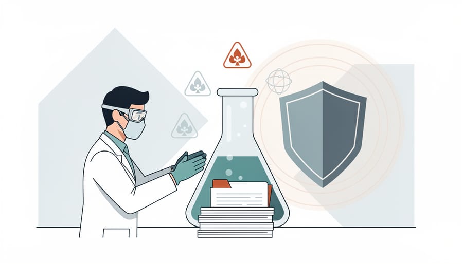 Workplace safety officer wearing PPE holding a sealed sharps container near laboratory equipment