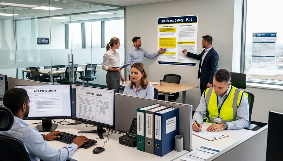 Safety professional in a high-visibility vest walking through an industrial workplace with equipment and safety signage in the background