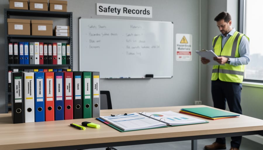 Gloved hands reviewing a binder of workplace safety records next to chemical containers in an industrial storage area