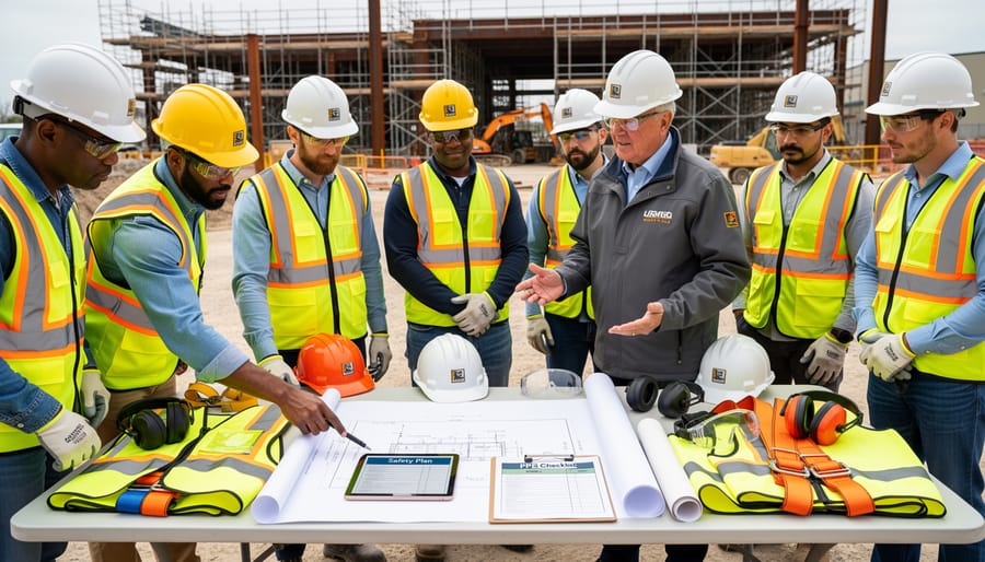 Diverse construction workers in hard hats and high-visibility vests reviewing safety materials at a jobsite