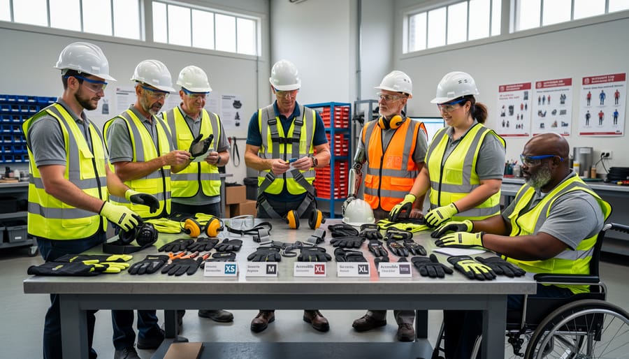 Assorted safety PPE items and adjustable equipment arranged on a workbench to illustrate inclusive fit